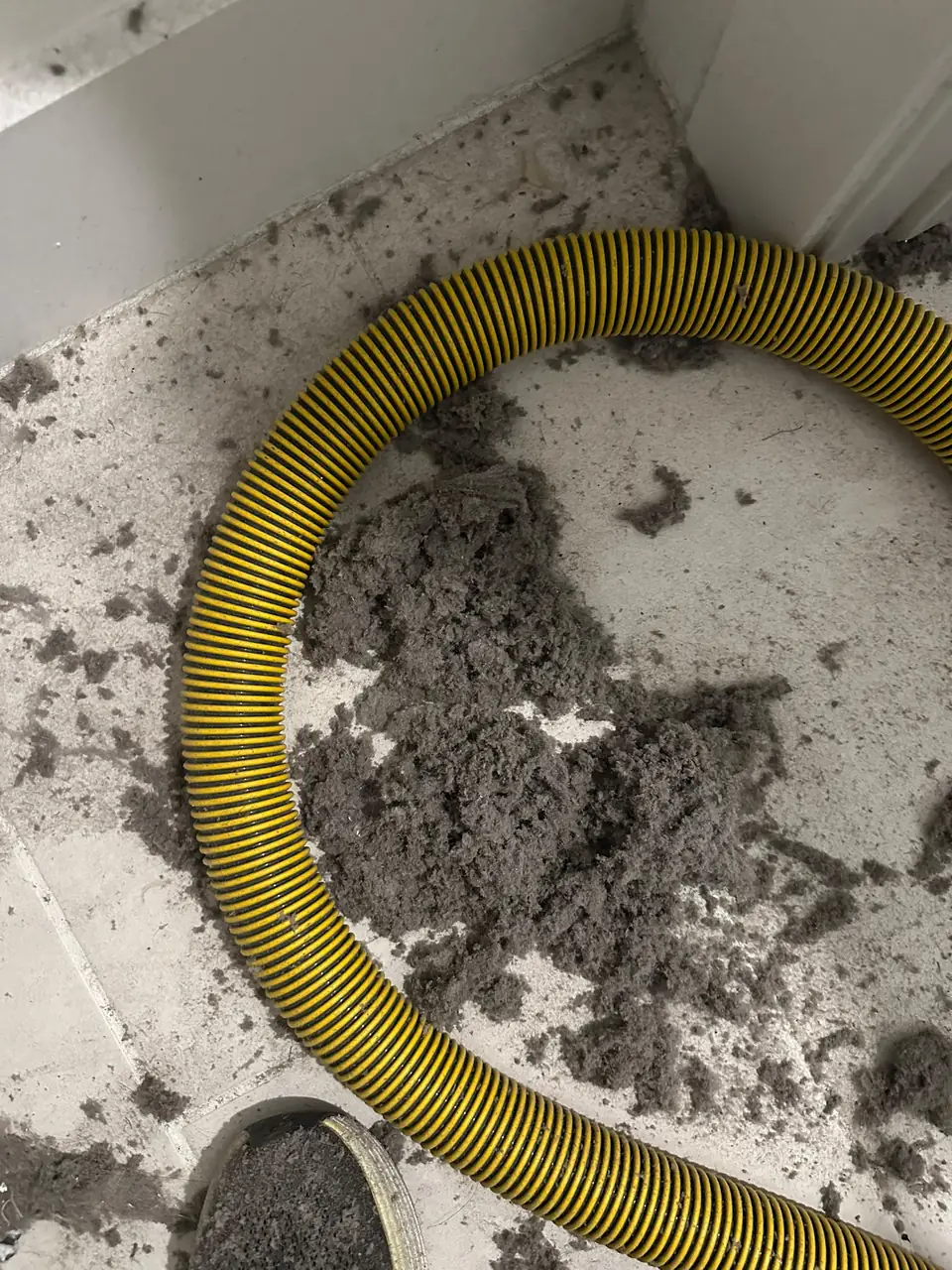 Pile of dryer lint pulled from a vent line next to the vacuum hose